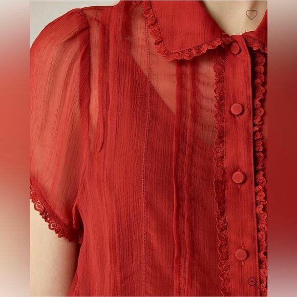 J Crew Women's Sheer Lace Trim Button Up Shirt Size 0 Red Short Sleeve - Picture 6 of 16